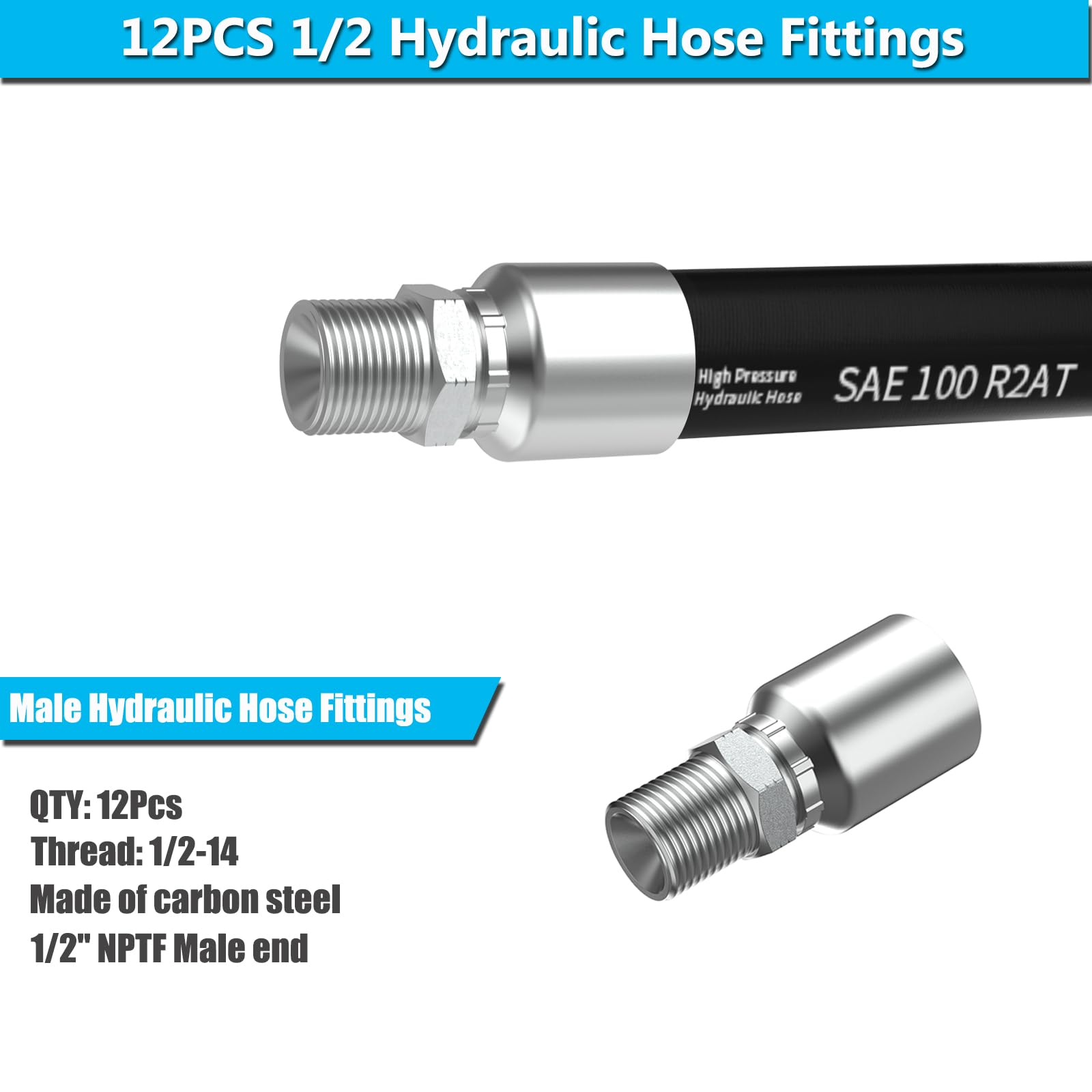 12PCS 1/2" NPTF Male Hydraulic Hose Fittings, Hydraulic Hose Crimp Fitting Ends for Air Hose Repair Kit - 2