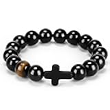 Men's Cross Bracelet - Black Natural Stone Bead Stretch Bracelet, Spiritual Gifts for Husband Boyfriend Dad Son