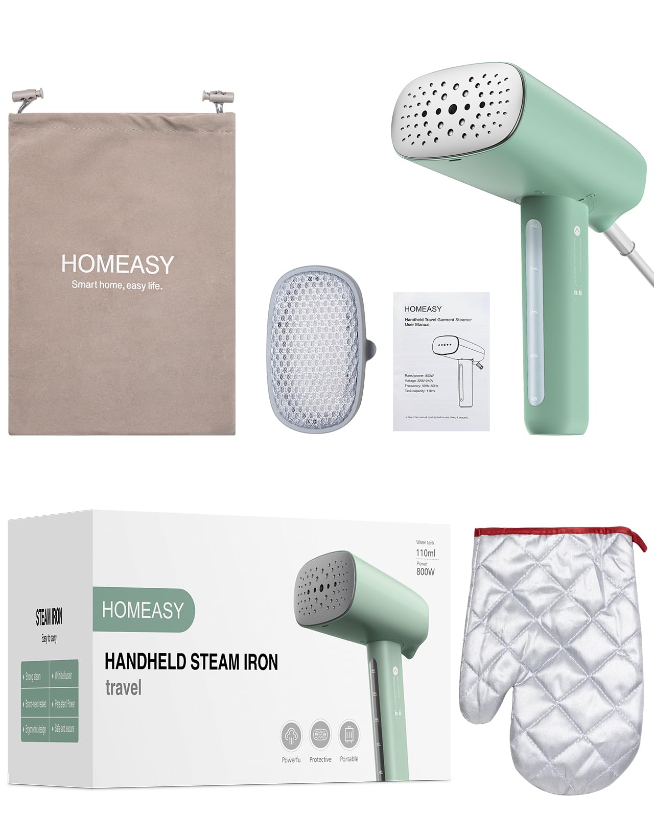 HOMEASY Défroisseur Vapeur Portable, Défroisseur de Voyage 800W 110ML, Garment Steamer Léger Chauffage Rapide pour Éliminer Plis de Tissu Facilement, Vert Menthe