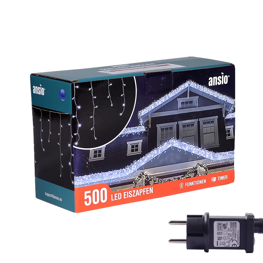 ANSIO® Luci Natale Esterno Cascata 17.4m 500 LED Luci di Natale Luminose Bianco Fredda Luci Natalizie da Esterno/Interno Ideale per Mantello, Balcone Lucine Luminoso | Cavo Trasparente