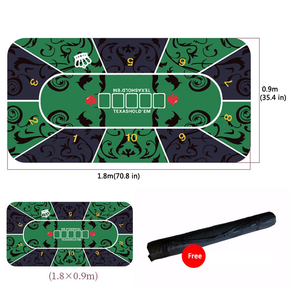 Mata gumowa do pokera Texas Hold'em dla 10 graczy, układ stołu pokerowego z torbą transportową(Grün,1.8 x 0.9 M)