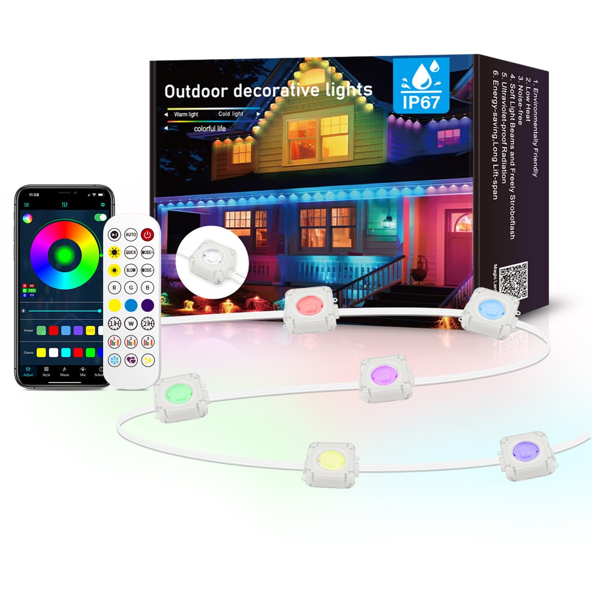 Intelligente RGBIC Dauerleuchten für den Außenbereich mit 75 Szenenmodi, Trauf-LED-Leuchten, IP67 wasserdicht, alle Feiertage, Partys, Halloween, Weihnachtsdekoration, inkl