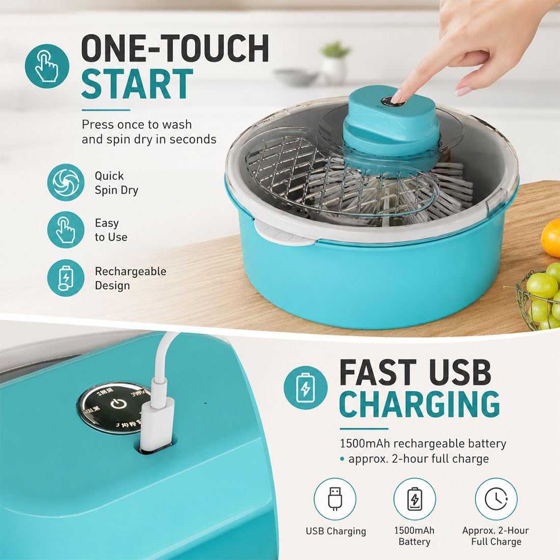 Centrifugadora y escurridor automático de frutas y verduras; lavadora y centrifugadora con cepillo; recipiente eléctrico para lavar y centrifugar frutas; limpiador con base antideslizante (Yellow,1)