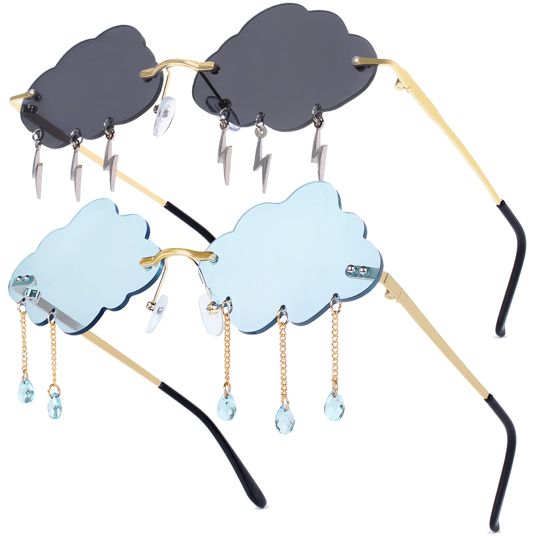 Aeergured2 Pairs Cloud Shaped Sunglasses Rimless Tassel Lightning Cute Sunglasses Funny Trendy Vintage 90s Disco Glasses
