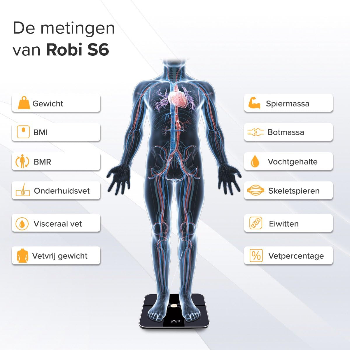 Báscula de baño Robi S6 - Báscula inteligente para análisis corporal, monitor de grasa corporal, IMC, masa muscular, porcentaje de humedad, báscula de baño con peso digital, sincronización de