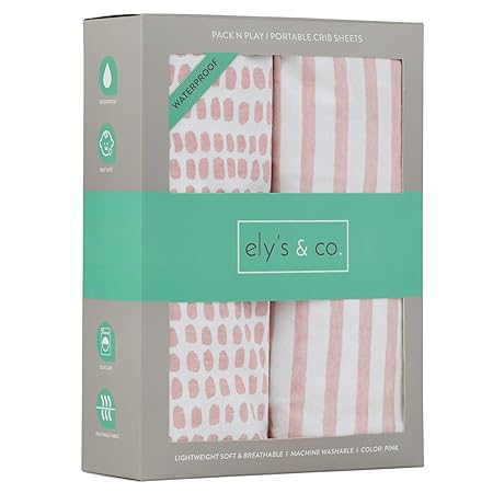 Waterproof Pack N Play/Mini Portable Crib Sheet with Mattress Pad Cover Protection I Mauve Pink Stripes and Splash by Ely's & Co.