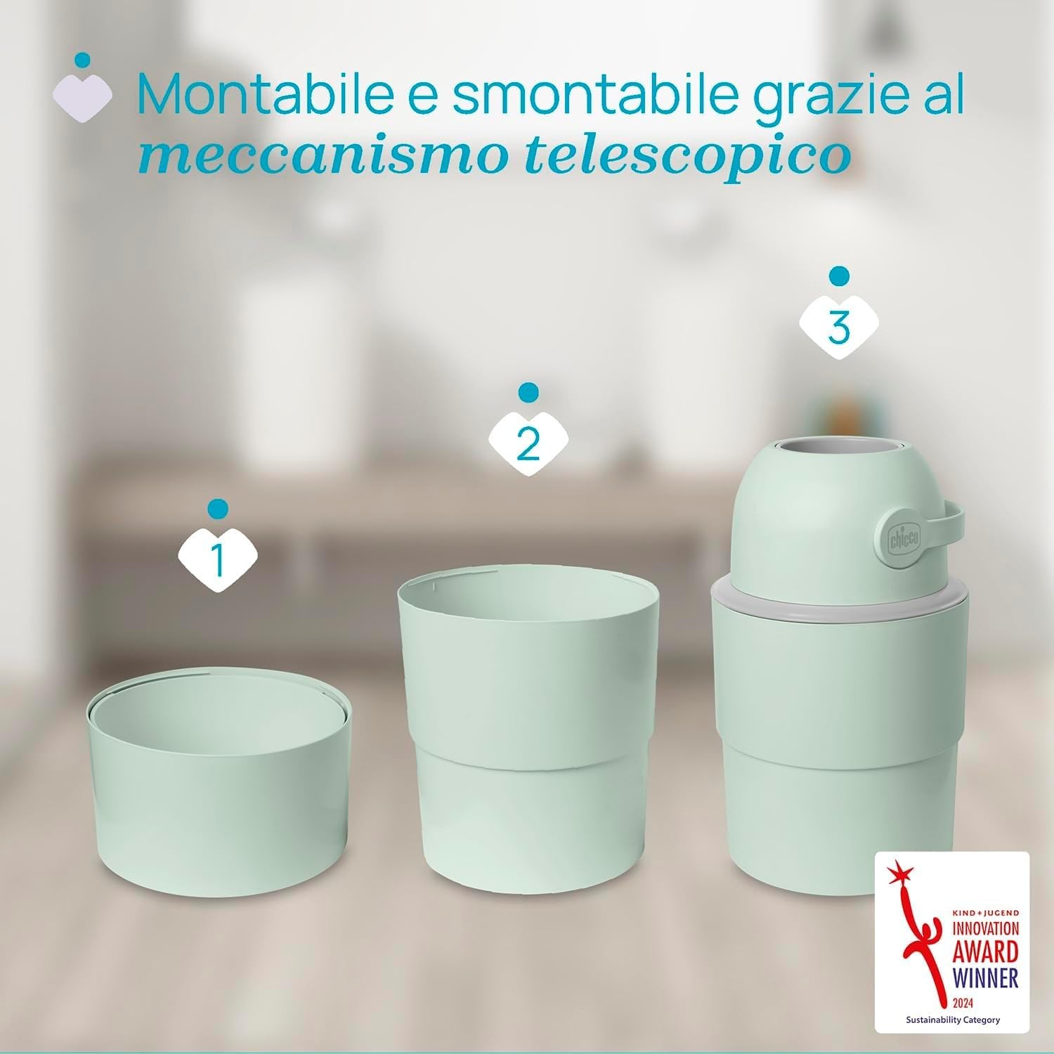 Chicco Mangiapannolini Telescopico Controlla Odori Compatto, Smaltimento Pannolini, Cestino Contenitore Pieghevole e Salvaspazio, Verde + 45 Sacchetti Odour off