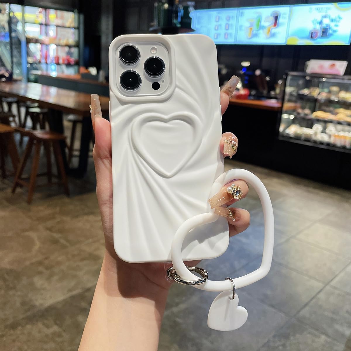 Compatible with iPhone 15 Pro Cute Case, White 3D Pleated Love Heart Phone Case with Heart Bracelet Chain, Soft Shockproof TPU Protective Cover for
