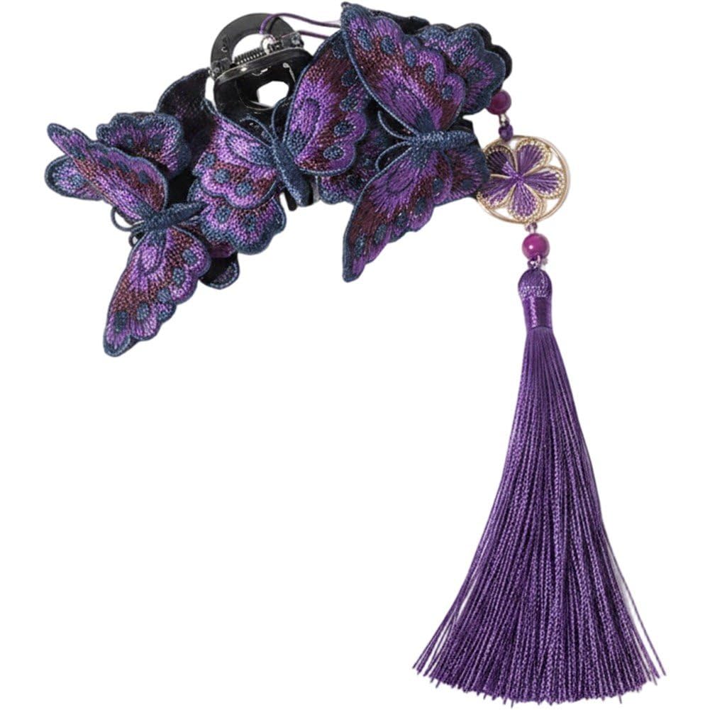 Sslvya Chinese Style Embroidered Butterfly Hair Clips Aesthetic Butterfly Large Hair Claw Clips with Tassel Hair Accessories for Women