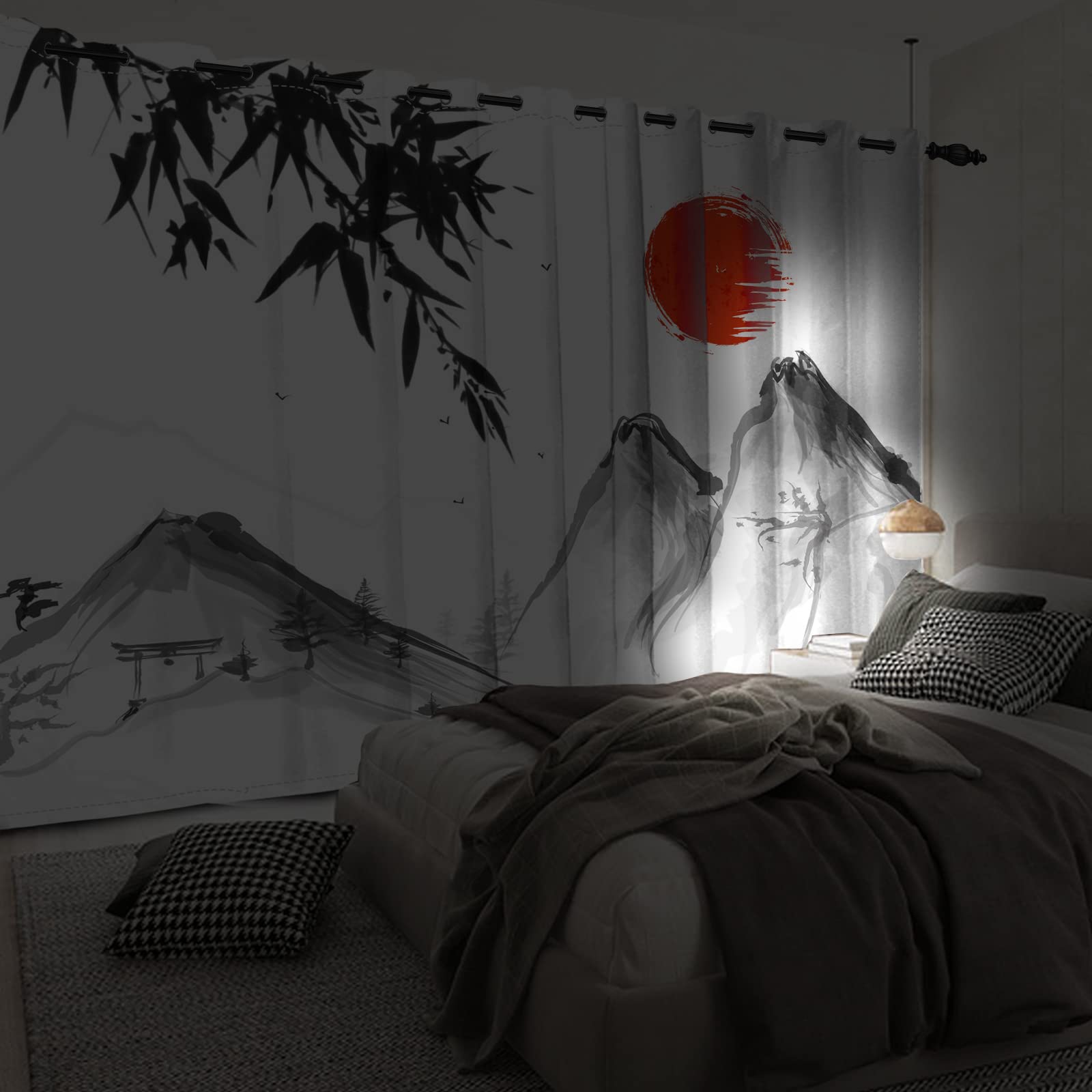 117x229cm Japonais Peinture à l'encre Classique Rideau de fenêtre Bambou Feuilles MT Fuji Rouge Soleil Oriental Traditionnel Rideaux occultants pour Le Salon Chambre à Coucher, 2 Panneaux