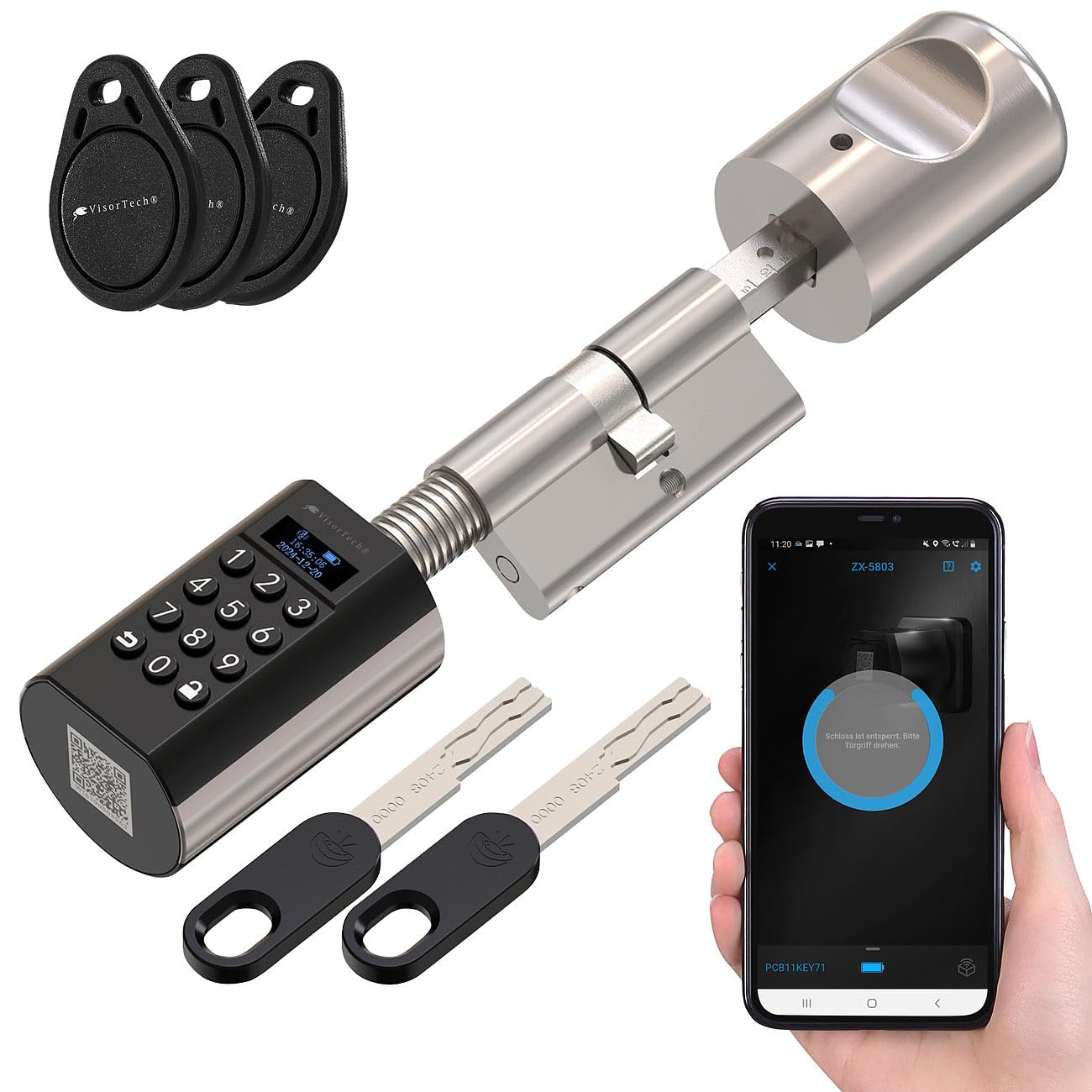 VisorTech Codeschloss: Elektronischer Tür-Schließzylinder mit Display, Code, Transponder, App (Elektrisches Türschloss, Tür-Schloss, RFID)