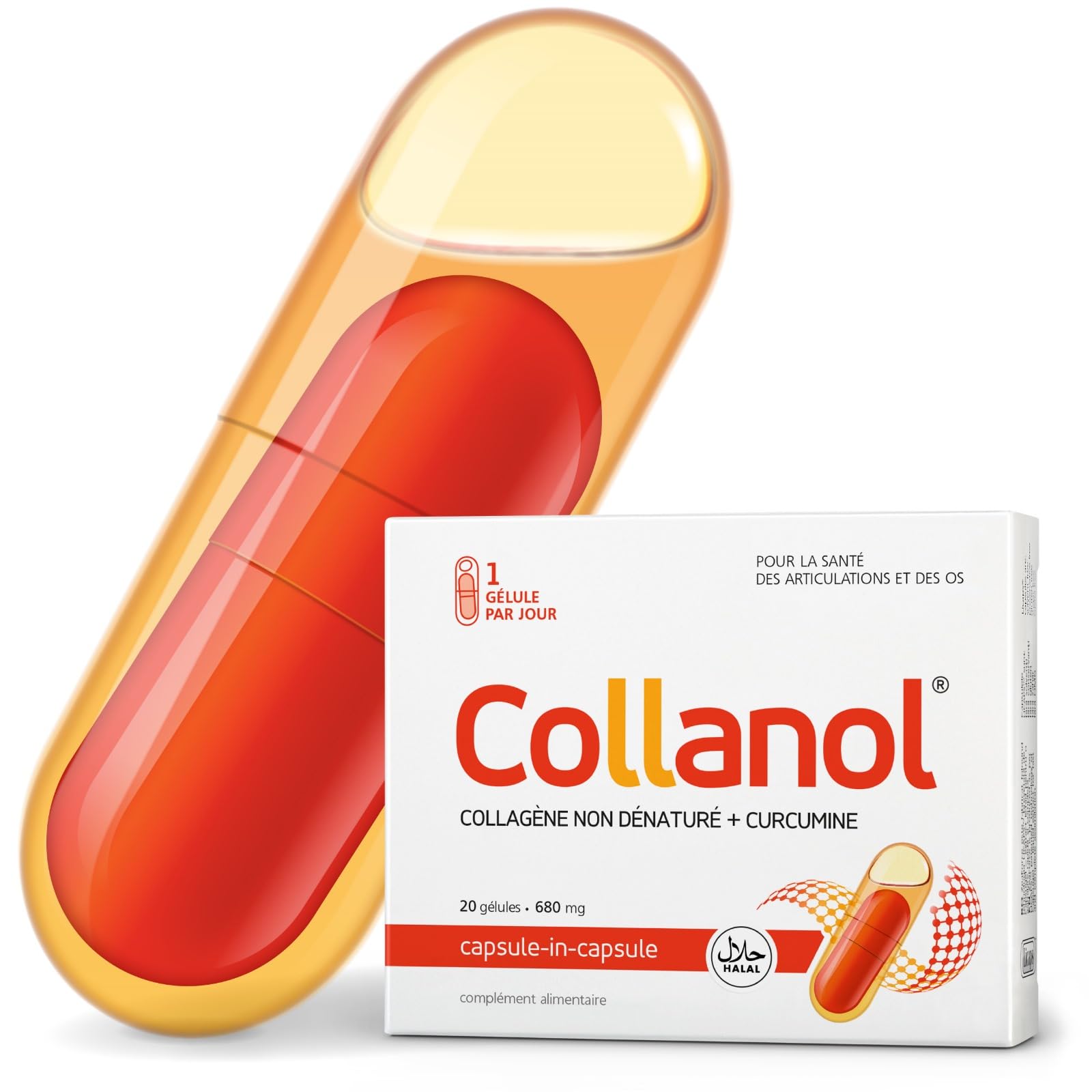 Collanol – innovation dans le soin des articulations saines Formule liquide dans une double capsule Collagène 3D + extrait micellaire de racines de curcuma 1 capsule/jour. 20 Prises
