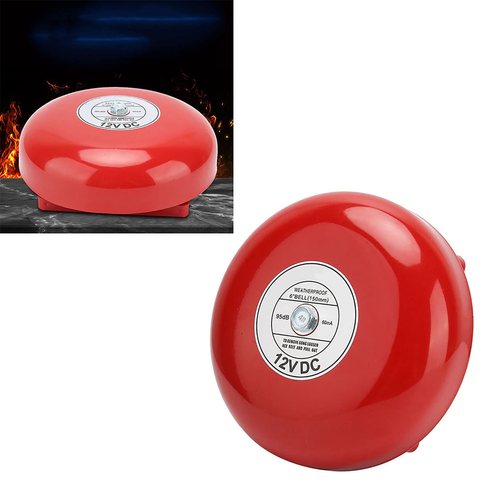Cloche d'Alarme Incendie Intérieure en Acier Inoxydable 12V 6 Pouces (Technologie de Galvanoplastie, Coque en Carbure) Sonnette d'Alerte Feu Corrosion Résistante