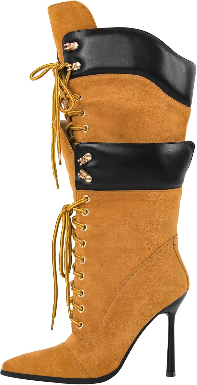 Richealnana Women's Double Lace Pointed Toe Stilettos Straps Up Strappy Knee High Boots