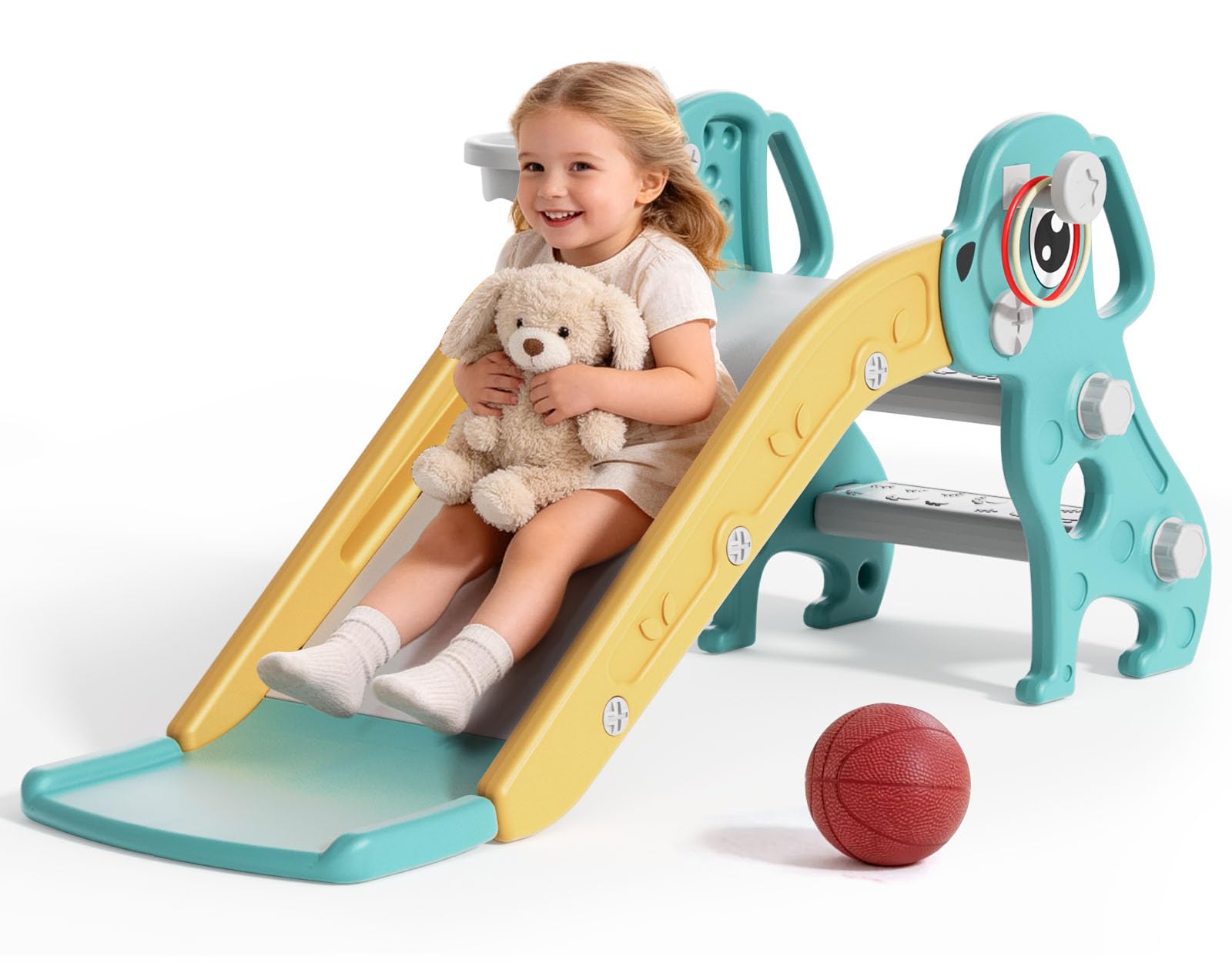 BIERUM 4-in-1 Toddler Slide - Puppy Shaped Kids Slide with Basketball Hoop and Ring Throw, Indoor & Outdoor Play Set for Toddlers 1-3 Years, Green Yellow