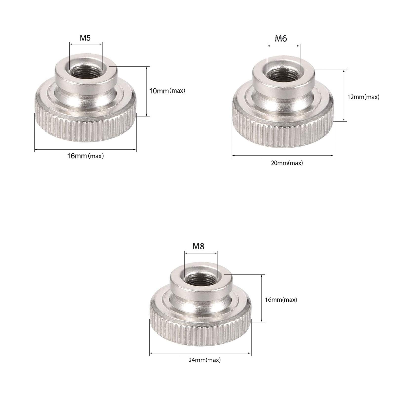 Dadi zigrinati M6, manopole rotonde, in acciaio inox, 20 pezzi