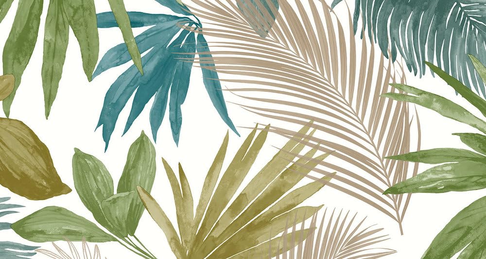 (Jf3602 Green Teal Blue Gold) Grandeco Jungle Tropical Wild Metallic Palm Leaves Leaf Wallpaper Exotic Vinyl 5411012453381