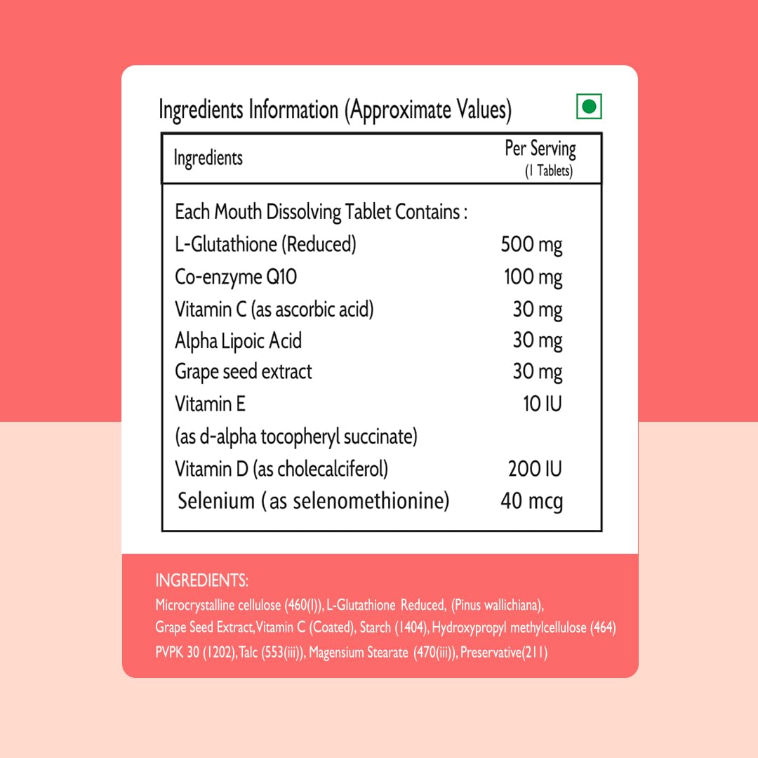 AVEIL YouGlow Glutathione and Vitamin C Skin Rejuvenating Tablet - 30 Tablets | L-Glutathione 500mg Tablets with CoQ10, Alpha Lipoic Acid, & Grape Seed Extract for Healthy & Radiant Skin | Sugar Free — Amazon image 2