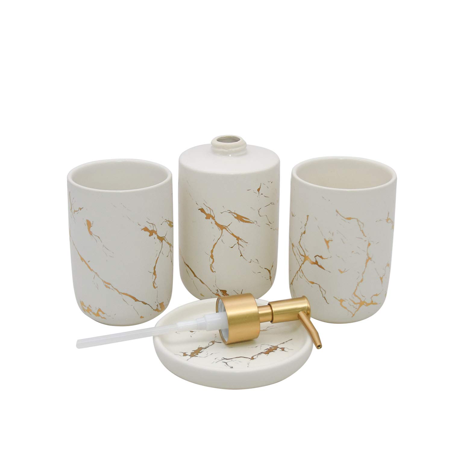 ABHOME 4 Piece Bathroom Accessory Set Ceramic White with Gold Marble Texture Modern - Soap Dish, Liquid Soap Dispenser, Toothbrush Tumbler Cup (White)