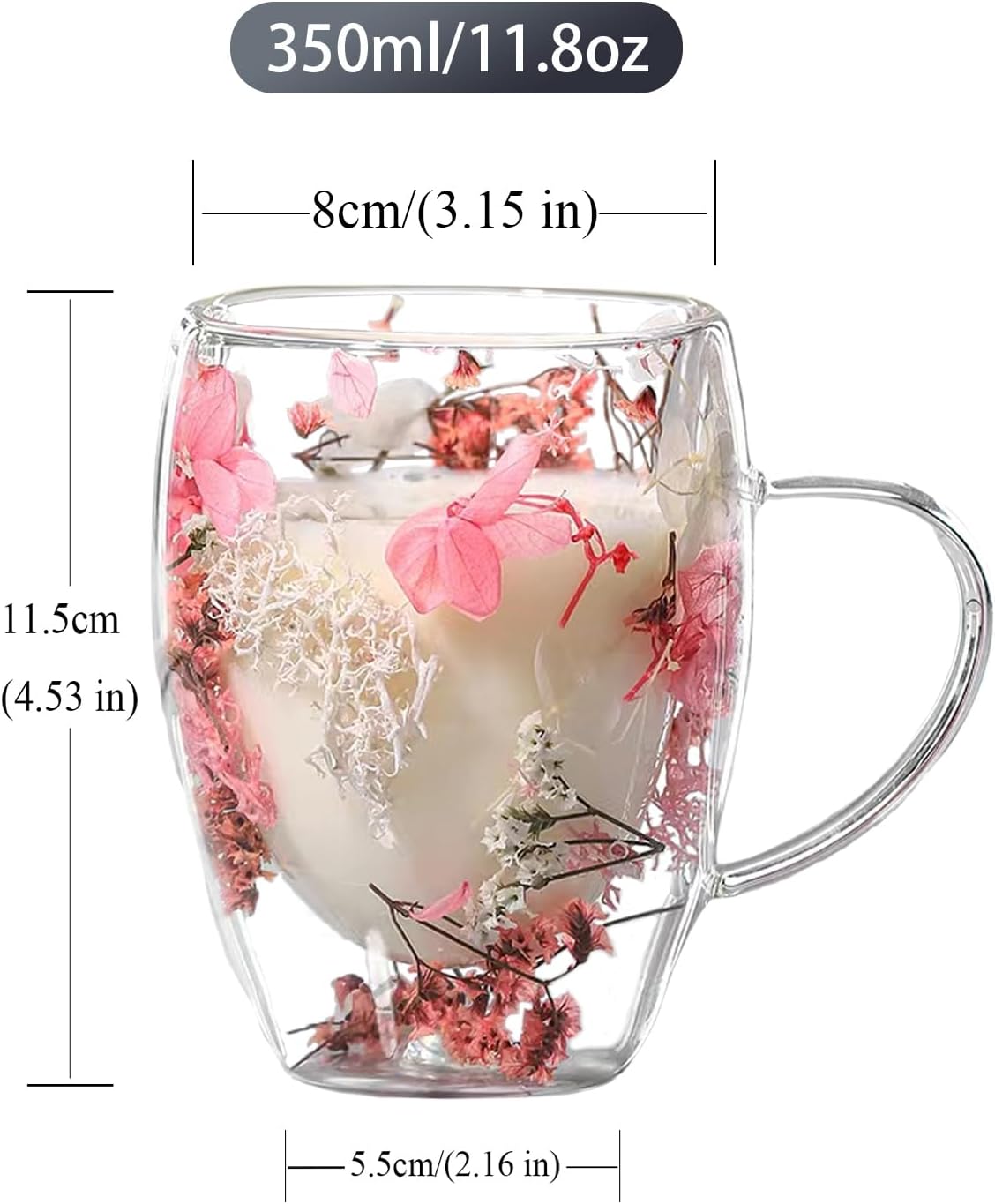 Double Walled Glass Coffee Mugs Espresso Cups,Pink Clear Coffee Mug Cappuccino Cup With Handle Flower Filler Glass Coffee Cups For Tea Milk Latte Hot Cold Beverage Wine Espresso Accessories