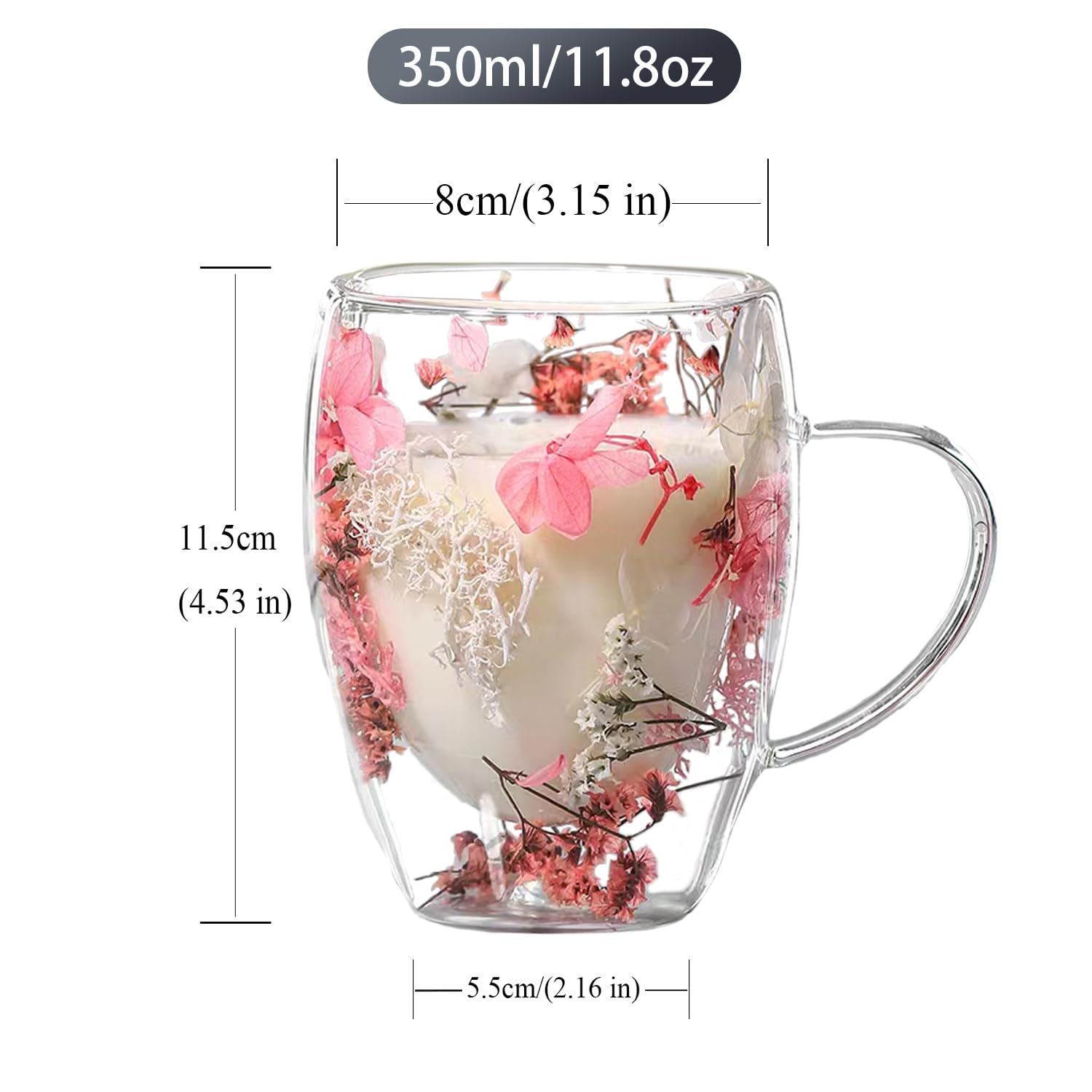 Qzinxja Double Walled Glass Coffee Mugs Espresso Cups,Pink Clear Coffee Mug Cappuccino Cup With Handle Flower Filler Glass Coffee Cups For Tea Milk Latte Hot Cold Beverage Wine Espresso Accessories