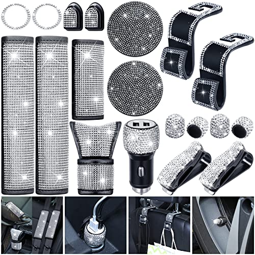 19 Pcs Bling Car Accessories Set, Bling Seat Belt Covers, Bling Handbrake Cover, Bling Dual USB Car Charger, Bling Car Shift Gear Cover, Bling Car Coasters, Glasses Holders Start Button Ring (White)