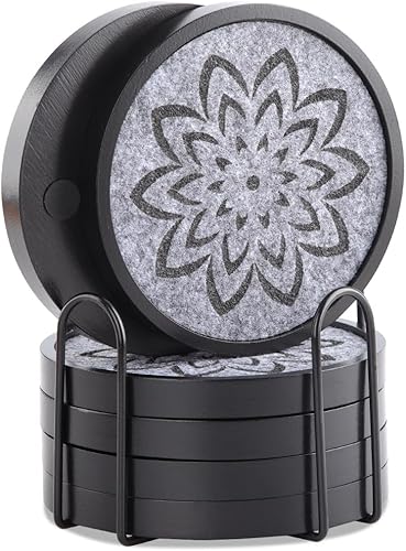 Elegantes posavasos de madera negra con fieltro gris y soporte, juego de 6 posavasos de madera rústica de 4.33 pulgadas para protección de mesa de