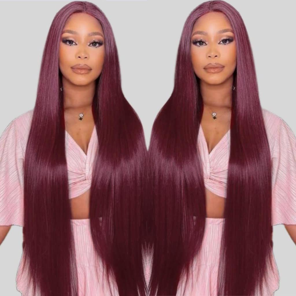 13x6 Burgundy Silk Straight Human Hair Wigs Glueless Lace Front Hair 150% Density Pre Plucked Hair for Black Women (14inch, 13x6 lace front wig)