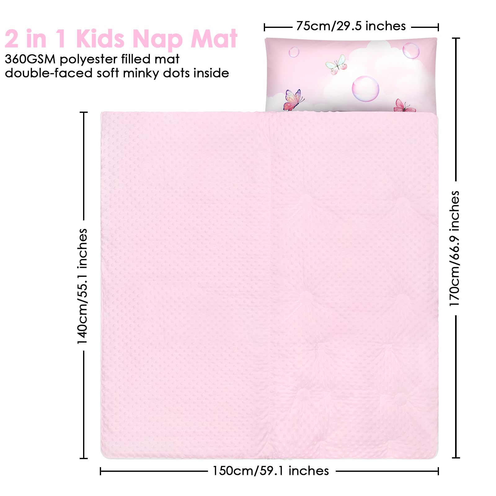 Tamaño Grande Saco de Dormir Infantil con Almohada Extraíble 170×75cm, Cálida Plegable Alfombrilla de Siesta para Niños y Niñas, Bolsa de Dormir con Cremallera para Camping Siesta