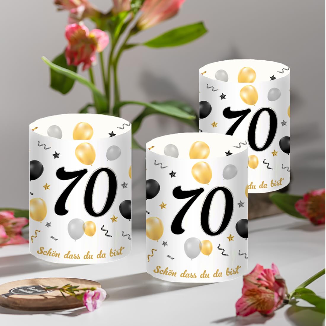 Lot de 12 photophores décoratifs pour 70 ans Décoration de table d'anniversaire pour femme et homme, cadeau pour 70 ans, convient pour bougies chauffe-plat ou autres bougies