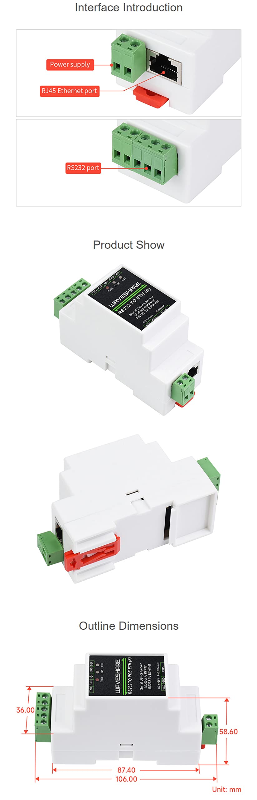 Industrial Serial RS232 To RJ45 Ethernet Server Module With POE Function TCP/IP To Serial Rail-Mount Support