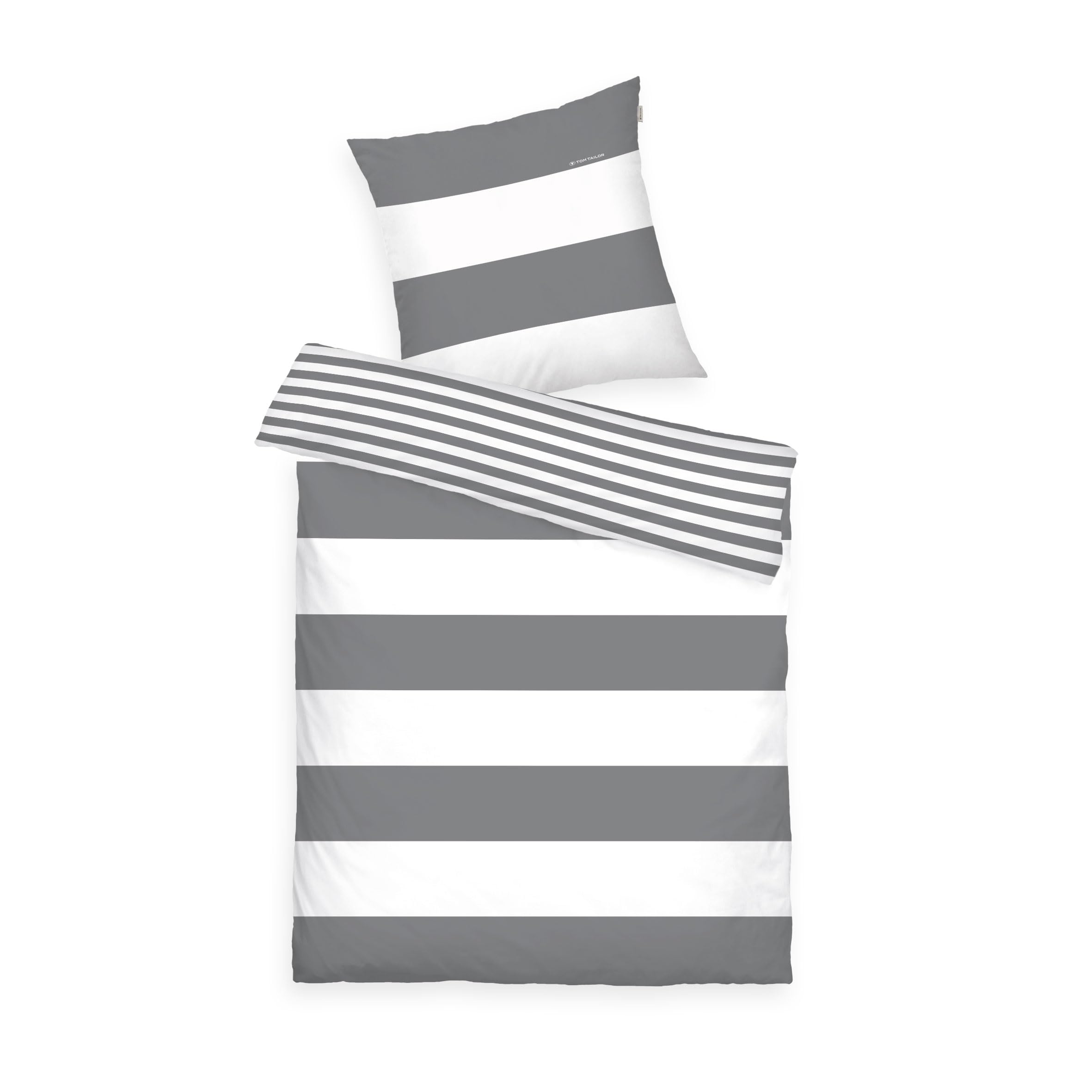 TOM TAILOR Renforcé Bed Linen, 80 x 80 cm + 155 x 220 cm, 100% Cotton/Renforcé, with Reversible Motif and Branded Zip, Siena, Grey, White
