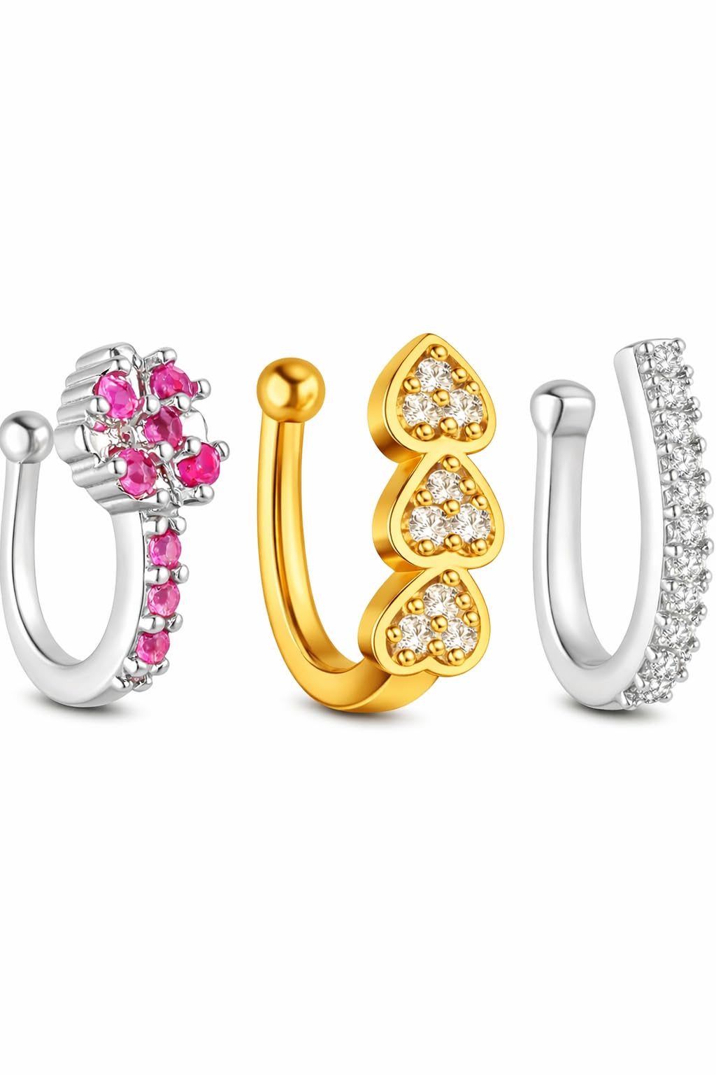 Clip on Nosepin Without Piercing Pressing Type Nose rings Stud for Women - Combo 2pcs Gold & Silver-image-29