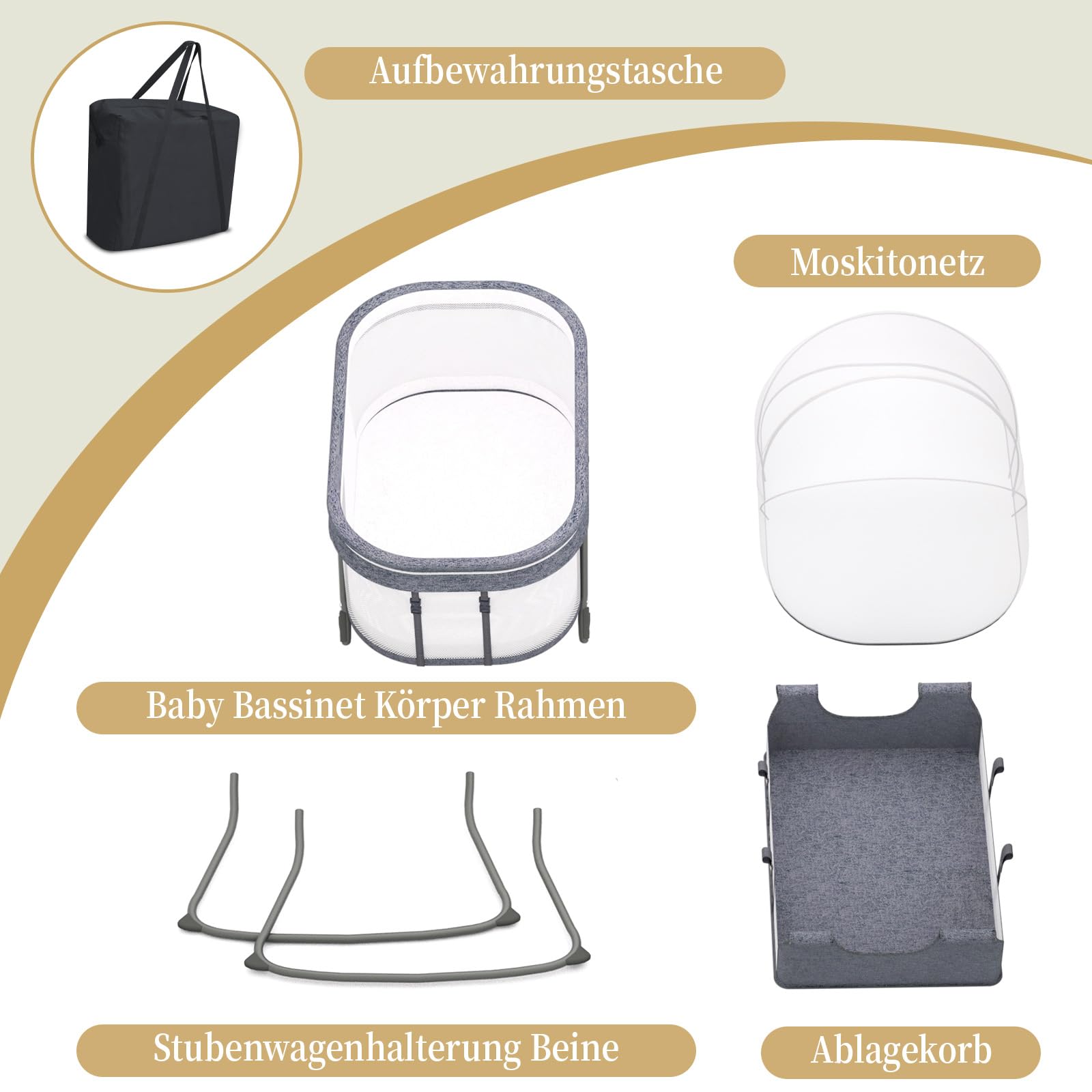 XJD Baby Beistellbett, 2 in 1 Babybett klappbar, Stubenwagen mit Aufbewahrungskorb, Reisebett mit weich Matratze, Transporttasche, Moskitonetz, Babywiege für 0-6 Monate, von Geburt bis 10 kg, Grau