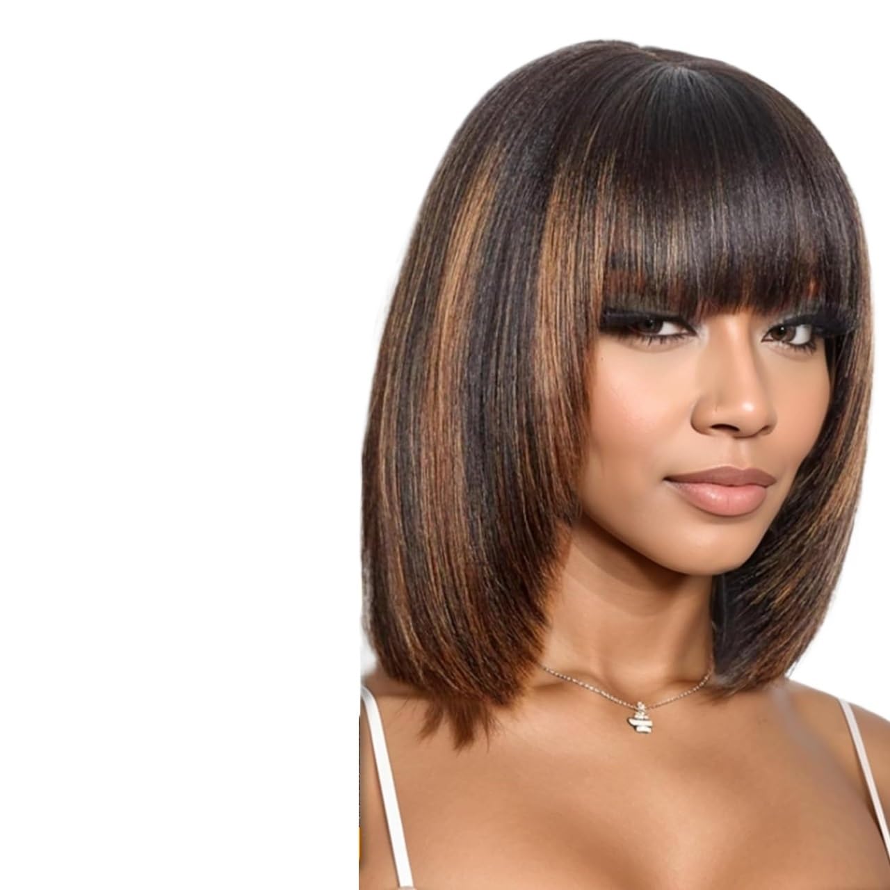Parrucche Parrucca corta diritta con frangia Indossa e vai Realistico Minimalista Marrone Evidenzia 2x1 chiusura in pizzo Capelli umani Donna(10inches)