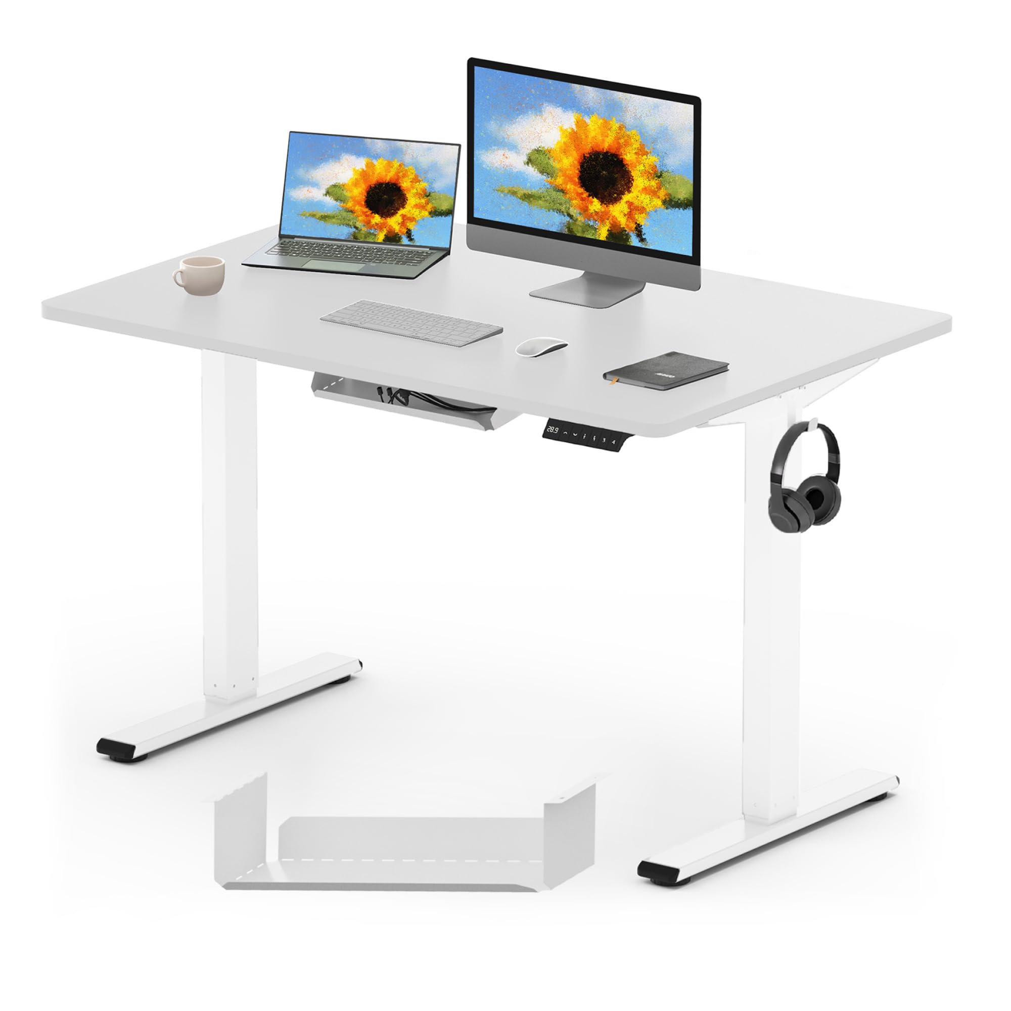 FLEXISPOT ONE PIECE Electric Standing Desk Height Adjustable Desk Sit Stand Desk with 4 Memory Smart Pannel and Backpack Hook for Home Office, 120 x 60cm White — image 1