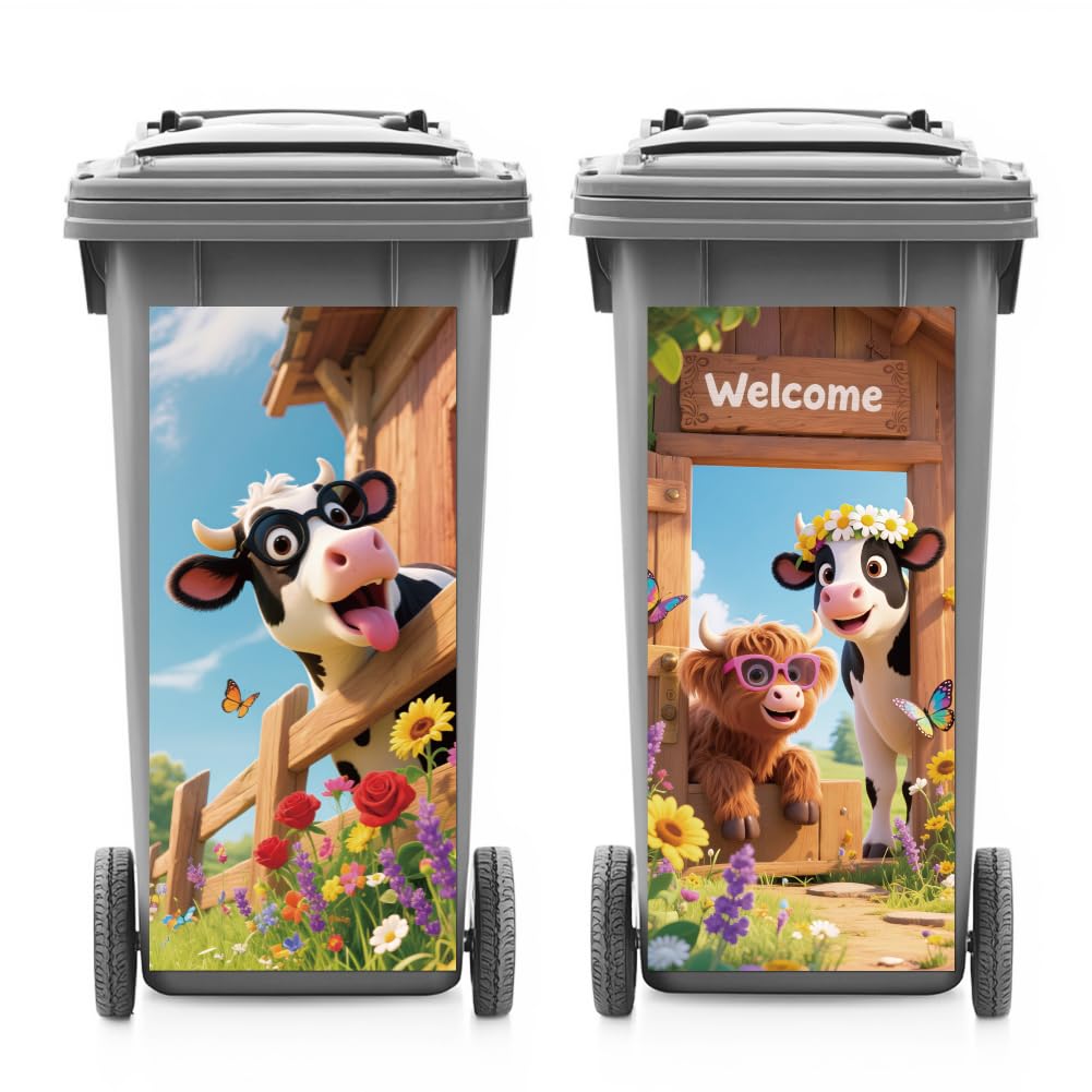 ANATTASOUL 2Pcs Highland Cow Animal Wheelie Bin Sticker for Bins Decorative