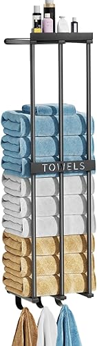 Miniatura 8 de Toallero para baño organizador de toallas montado en la pared organizador de toallas y almacenamiento con 3 ganchos 1 estante 3 bar organización de