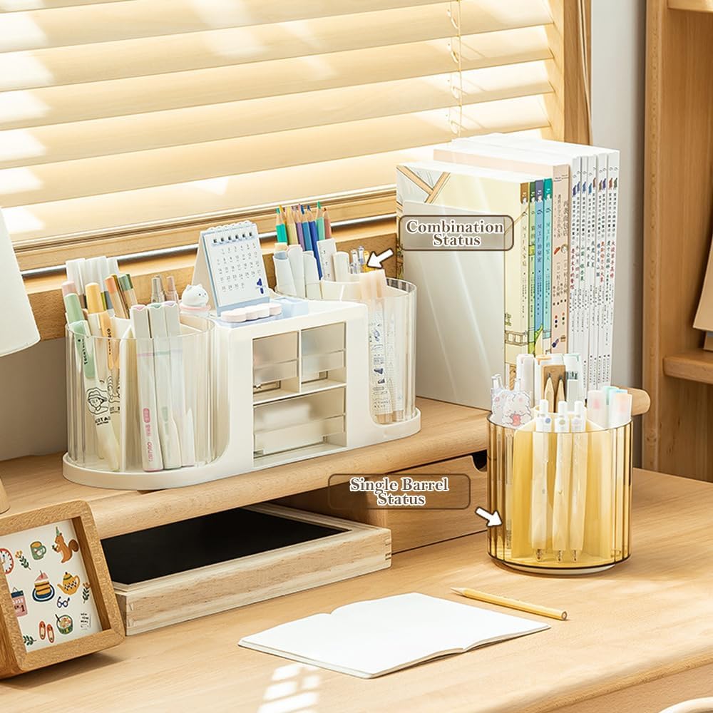 NUODWELL Double Rotating Desk Organiser with 3 Drawer, Desk Tidy Organiser with Pencil Holder, Large Capacity Desktop Stationary Storage Box for Office Home Art Supplies (White) 8