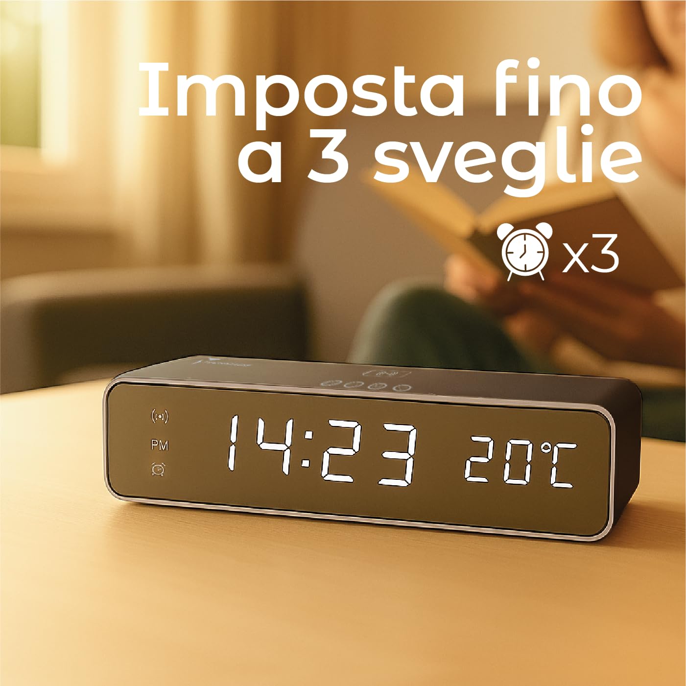 TECHMADE Sveglia Digitale con Ricarica Wireless, Sveglia con Allarme con Timer, Display LED Regolabile Luce notturna, Ricarica per iPhone, Samsung, Huawei e Altri (Black)