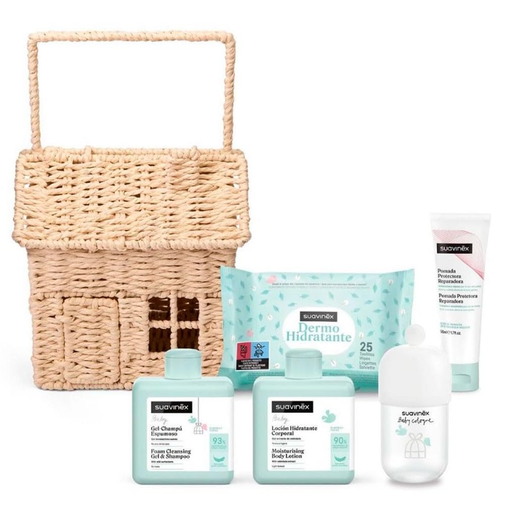 Suavinex, Prezent dla noworodka, koszyk dla dzieci z wiklinową walizką w kształcie domku zawiera: Baby Cologne 100 ml żel szampon piankowy balsam do ciała maść do pieluch + chusteczki