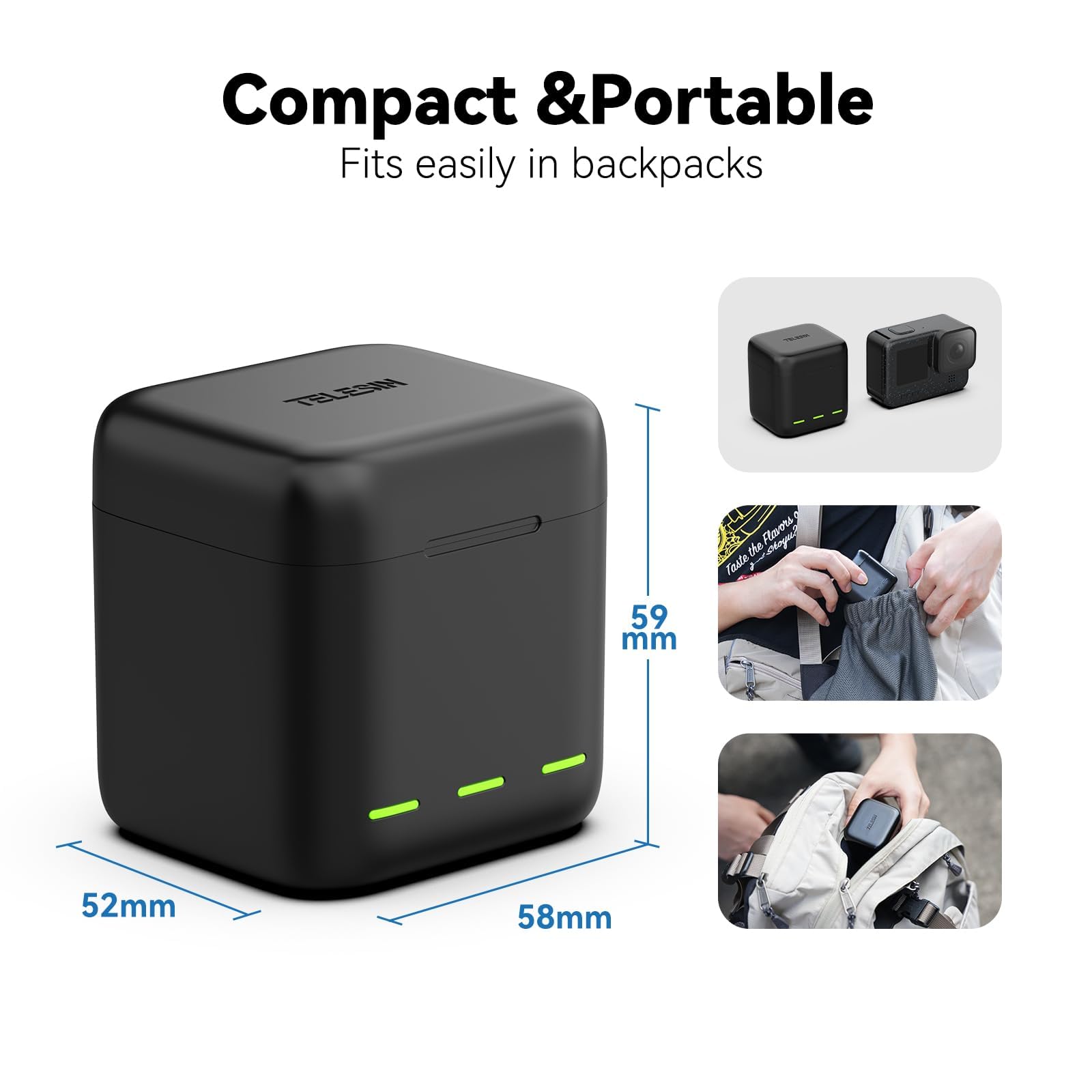 TELESIN Caricabatteria e scatola di immagazzinaggio di batteria tripla a 3 canali con 2 batterie ricaricabili agli ioni di litio per GoPro Hero 12 Hero 11 Hero 10/9 (S0-BCG-04-TGP)