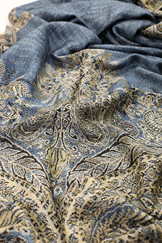 Achillea Luxurious Double Layered Jacquard Big Paisley Pashmina Shawl Wrap Scarf (Steel Blue)