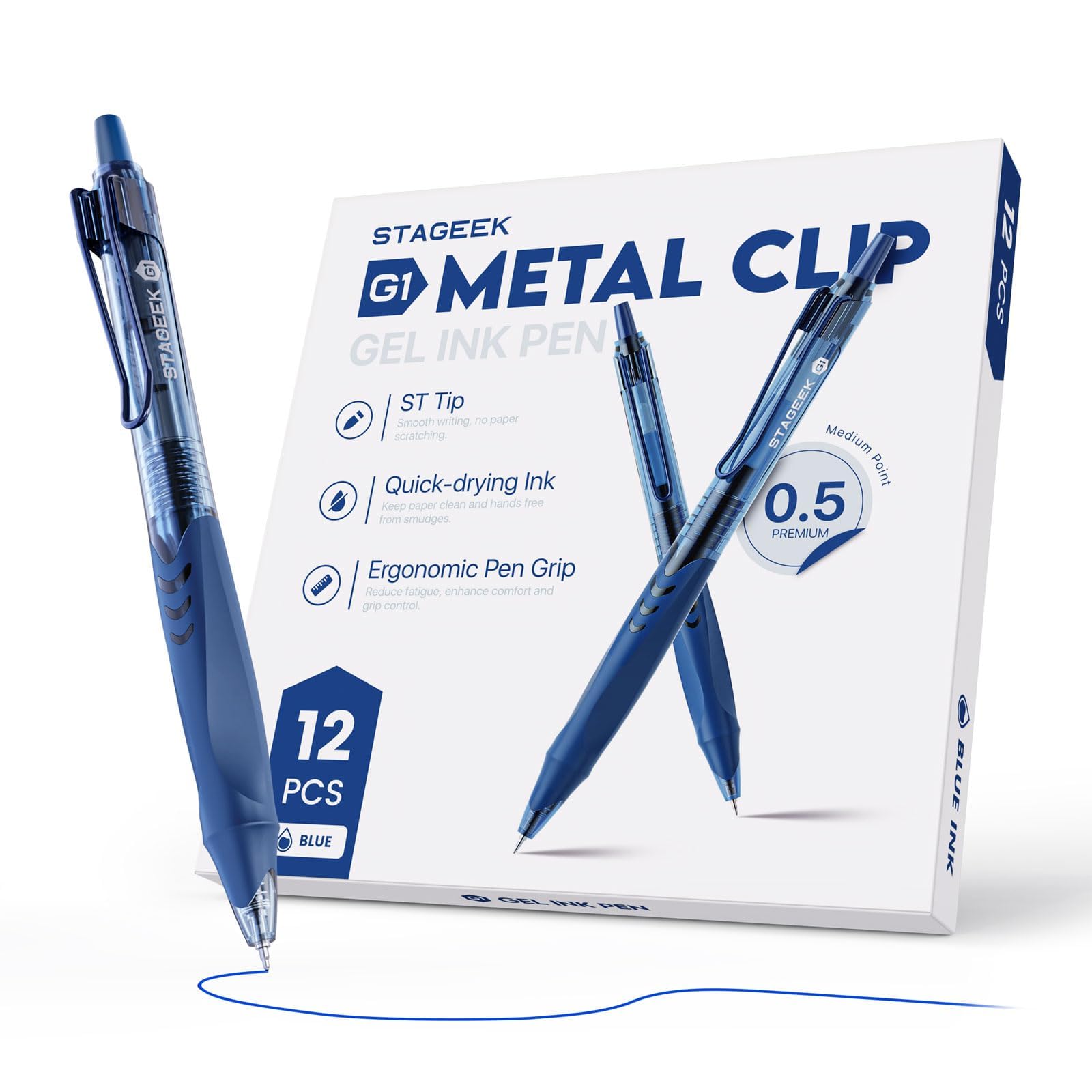 STAGEEK 12 Pack Blue Gel Pens, Quick Dry Blue Ink Pens, 0.5mm Fine Point Retractable Smooth Writing Pens for Journaling, Writing, Business Gel Pen for Office School & Home Supplies(Blue)
