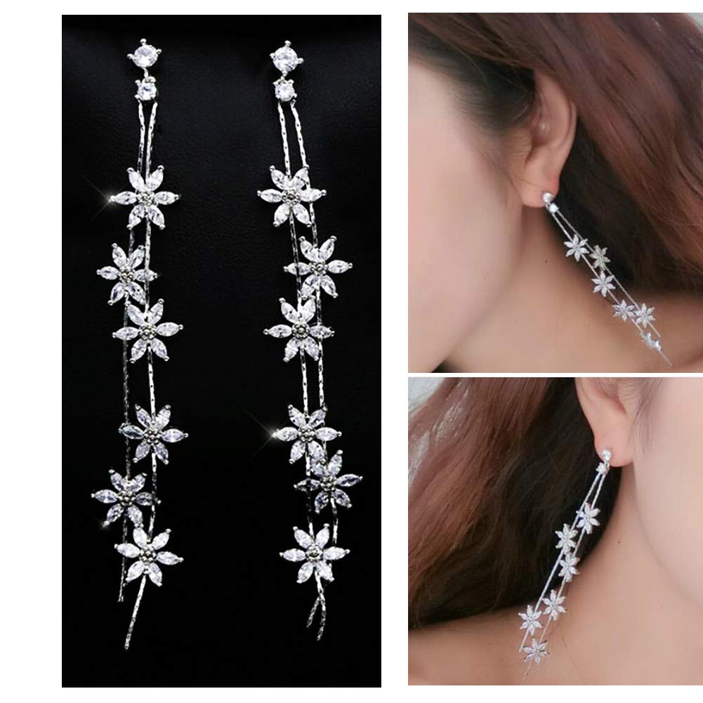 Korea Elegant Sweet Long Tassel Flower Earrings Two String Floral Shining Fringed Ear Jewelry