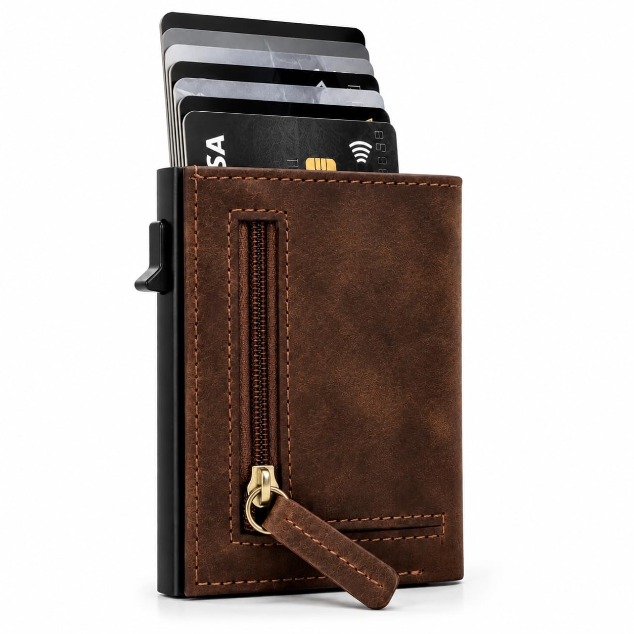 Slim Leather Card Holder Wallet, Black, RFID Blocking, Zipper Pocket, Pop-Up Card Ejector (Brown)