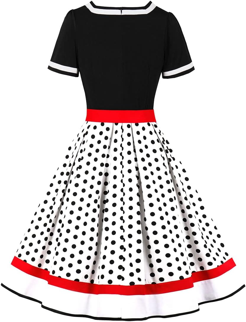 Women Short Sleeve Sailor 1950s Vintage Dress 50s Audrey Hepburn Rockabilly Cocktail Swing Dress 1940s Tea Party Dress with Belt Pleated Wedding Prom Fared A-Line Midi Evening Gown White+Black L - Image 2