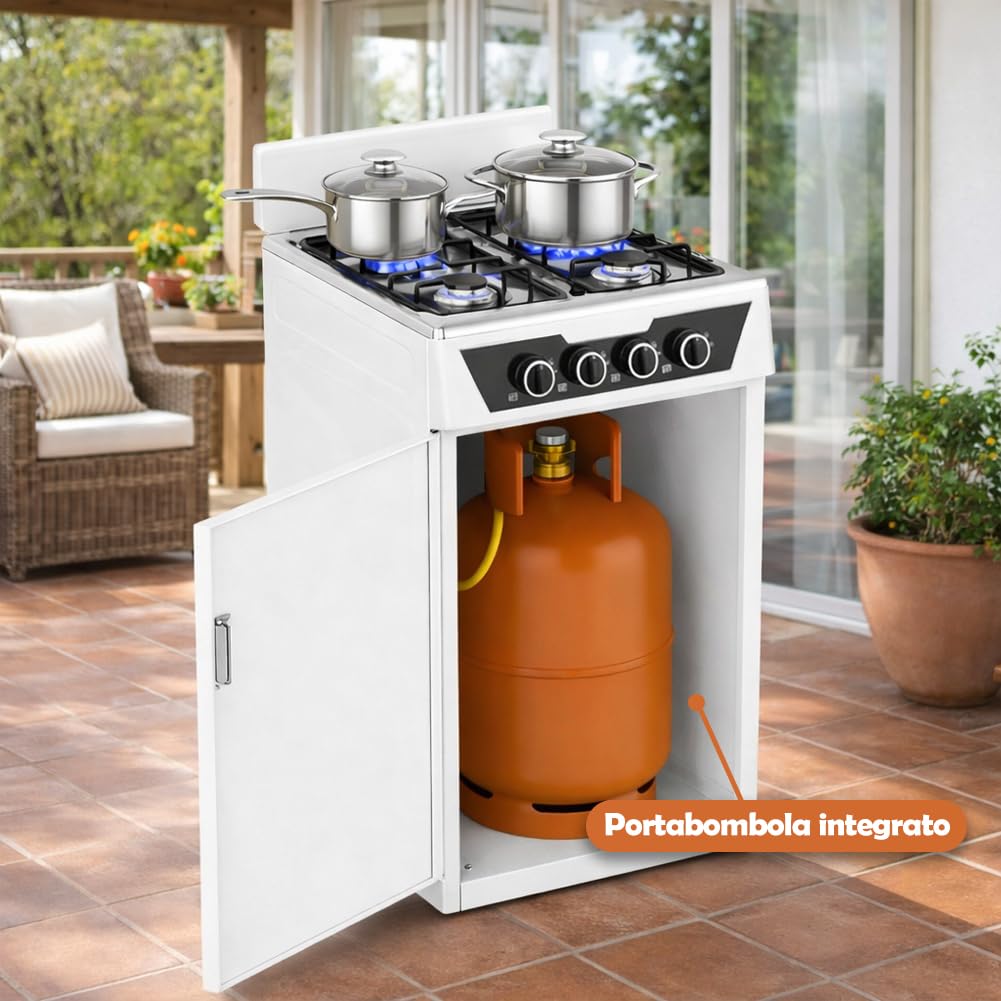 BAKAJI Cucina da Esterno con Piano Cottura 4 Fuochi a Gas, Mobile con Vano Portabombola Integrato Ideale per Esterni e Interni, Struttura Salvaspazio Robusta e Compatta con Paravento (Bianco)