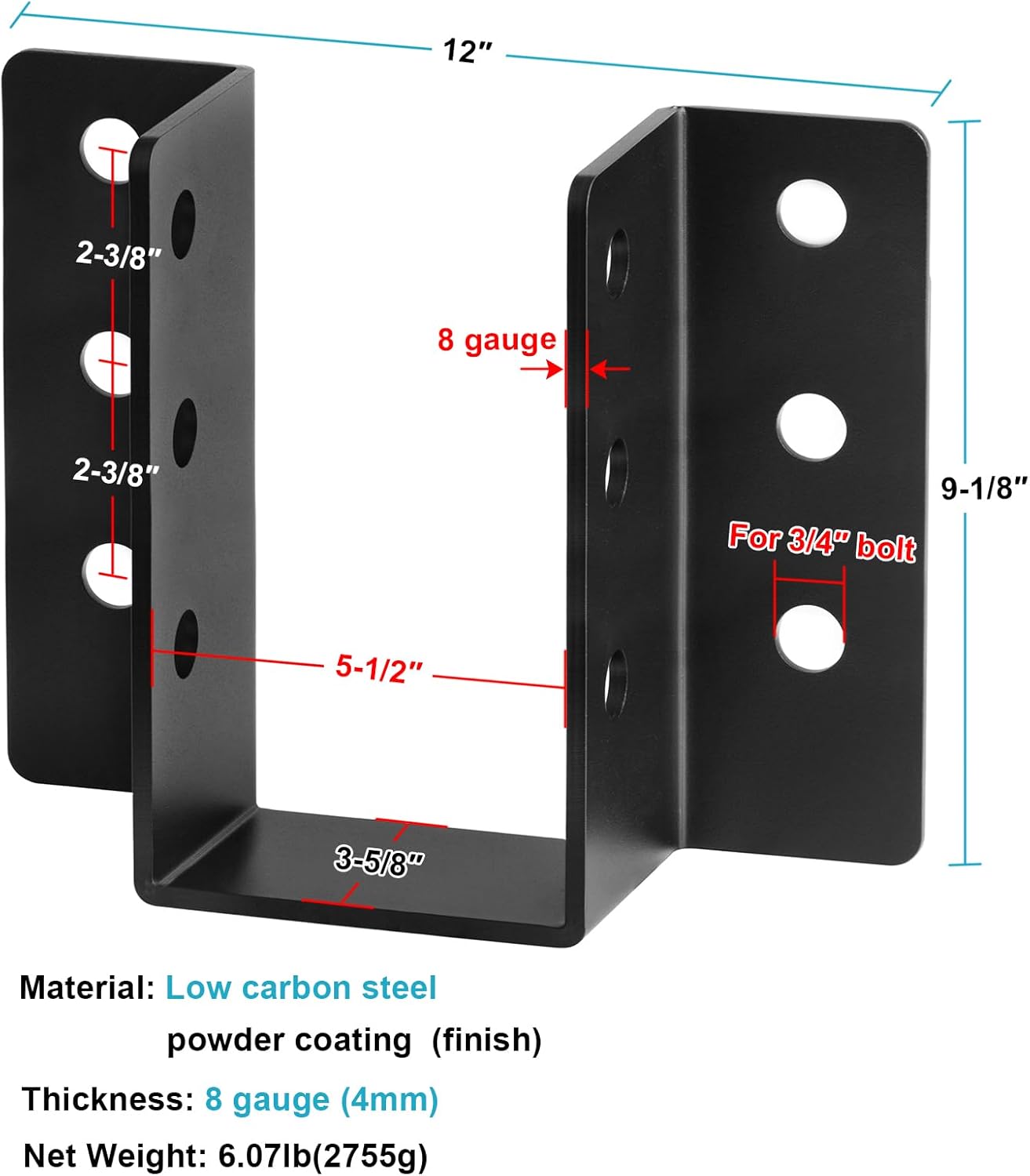 2 PCS Heavy Face Mount Joist Hanger Bracket Fits 6x10, 6x12 Nominal Wood Beam, Inner Width: 5-1/2", 8 Gauge Steel
