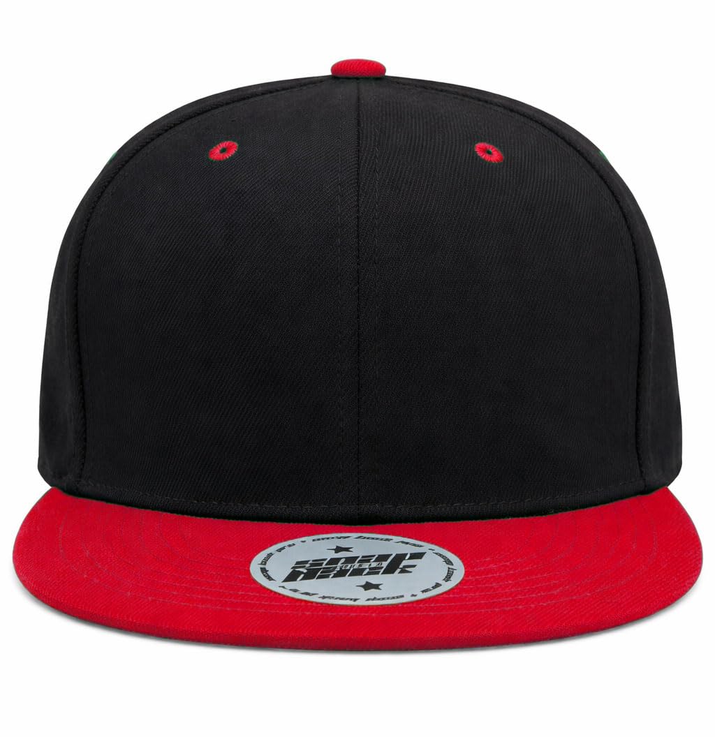 Mfaz Morefaz Ltd Unisex Black-Red Flat Brim Snapback Cap – Adjustable Baseball Hat, Classic Streetwear Hip Hop Style (Black-Red)